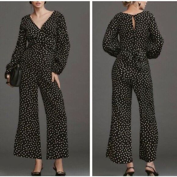 Faithfull The Brand Anthropologie Jumpsuit Size XS Black Helena Polka Dot Bow - Picture 12 of 12